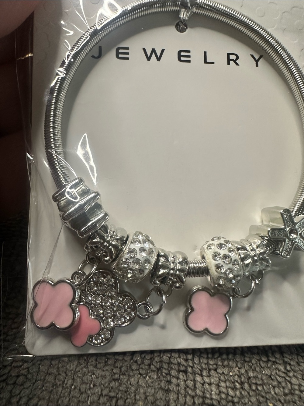 Silver-Tone Bracelet with Pink Clover Charms